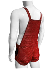 Load image into Gallery viewer, Rear view of mannequin wearing red glitter overalls featuring side pockets