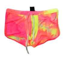Load image into Gallery viewer, Tie-dyed pink and yellow booty shorts with a white drawstring.