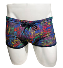 Load image into Gallery viewer, This image displays a pair of sports mesh booty shorts designed with a bold and colorful see-through print featuring various outlines of phallic body parts. The shorts are equipped with a drawstring for an adjustable fit and are crafted without lining, making them suitable for both sports activities and swimwear, although they lack pouch lining for swimming purposes.