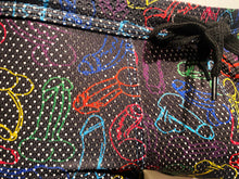 Load image into Gallery viewer, Close up of pouch and drawstring of black rainbow cock print booty shorts