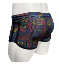 Load image into Gallery viewer, Rear view of neon rainbow cock print booty shorts