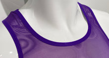 Load image into Gallery viewer, Close up of neckline of purple fine mesh tank top