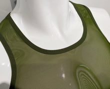 Load image into Gallery viewer, Close up view of neckline of army green fine mesh tank top