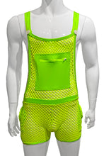 Load image into Gallery viewer, Mannequin wearing neon green fishnet overalls with a solid fabric kangaroo pocket with zipper and buttons to hold shoulder straps