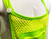 Load image into Gallery viewer, Close up view of shoulder straps and zipper of kangaroo pocket of neon green fishnet overalls
