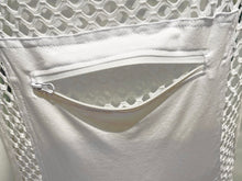 Load image into Gallery viewer, Close up view of the solid fabric kangaroo pocket with its zipper undone