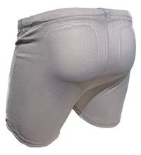 Load image into Gallery viewer, Rear view of light grey fine mesh shorts