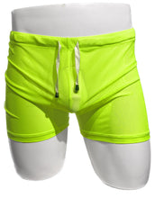 Load image into Gallery viewer, The image displays a pair of neon green fine mesh shorts, emphasizing their see-through texture and vibrant color. Designed for a comfortable fit, these shorts feature a drawstring waistband for an adjustable drawstring, enhancing both style and functionality.
