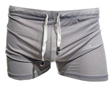 Load image into Gallery viewer, Grey fine mesh shorts with white string waistband