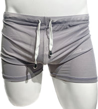 Load image into Gallery viewer, The image displays a pair of fine mesh shorts in a light grey color. These shorts are designed to be see-through, featuring a four-way stretch fabric that offers both comfort and a white string waistband