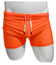 Load image into Gallery viewer, The image displays a pair of vibrant neon orange fine mesh shorts, designed to offer a see-through effect. These shorts are crafted from a stretchy mesh fabric, providing a lightweight and airy feel.