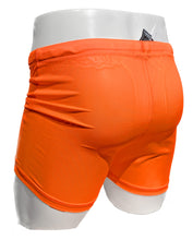 Load image into Gallery viewer, Rear view of neon orange fine mesh shorts