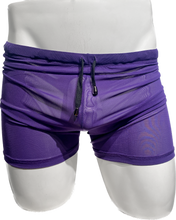 Load image into Gallery viewer, Purple fine mesh shorts with black string waistband