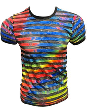 Load image into Gallery viewer, A multicolored tie-dye striped mesh tee with black fishnet stripes, displaying vibrant rainbow colors. The rainbow stripes are solid fabric, while the black stripes are mesh.