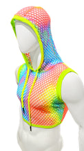Load image into Gallery viewer, Side view of mannequin wearing neon rainbow hooded crop tank top