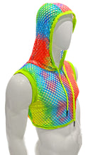 Load image into Gallery viewer, Off angle view of a mannequin wearing neon rainbow hooded crop tank top. The top is sleeveless with neon green trim around the shoulders, hood, and bottom hem.