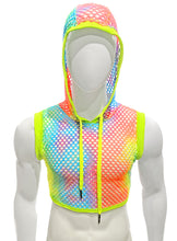 Load image into Gallery viewer, Front view of mannequin wearing neon rainbow hooded crop tank top.