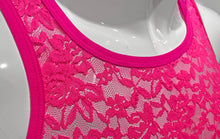 Load image into Gallery viewer, Close up of mannequin wearing a tank top made with a hot pink lace fabric
