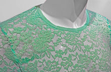 Load image into Gallery viewer, Close up of the neckline of a T-shirt made of a turquoise aqua colored lace fabric, worn by a mannequin