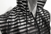 Load image into Gallery viewer, Close up of mannequin wearing silver black stripes hooded vest