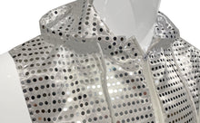 Load image into Gallery viewer, Close up view of mannequin wearing white silver sequins hooded vest to show sequins