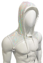 Load image into Gallery viewer, A white hooded harness with holographic flat sequins covering the fabric, displayed on a mannequin.