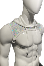 Load image into Gallery viewer, A white hooded harness with holographic flat sequins covering the fabric, displayed on a mannequin. Hood off