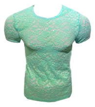 Load image into Gallery viewer, T-shirt made of a turquoise aqua colored lace fabric