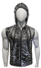 Load image into Gallery viewer, A metallic zip up hooded vest in black and silver stripes, displayed on a mannequin.