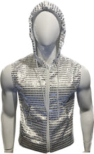Load image into Gallery viewer, Mannequin wearing white zip up hooded vest with silver sequins all over the garment. Mannequin is wearing the hood