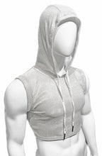 Load image into Gallery viewer, A white silver glitter crop top with a hood, displayed on a mannequin. Hood on