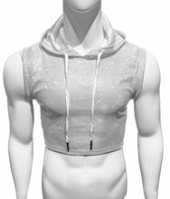 Load image into Gallery viewer, A white silver glitter crop top with a hood, displayed on a mannequin. Hood off