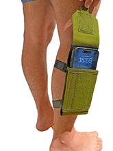 Load image into Gallery viewer, Army green canvas arm/leg bag worn on the leg with a phone in the pocket