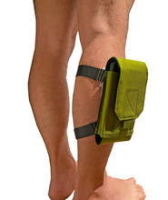 Load image into Gallery viewer, Army green canvas arm/leg bag worn on the leg with a phone in the pocket and the pocket flap closed