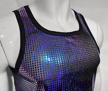 Load image into Gallery viewer, Close up view of mannequin wearing purple iridescent metallic squares tank