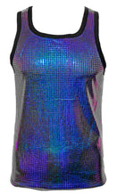 Load image into Gallery viewer, A purple metallic iridescent tank top with discoball squares on a solid background.