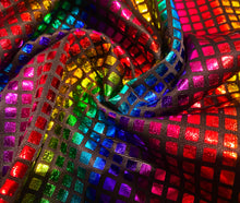 Load image into Gallery viewer, Detail view of the black rainbow disco queen fabric, scrunched to show the how the fabric looks when not flat