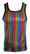 Load image into Gallery viewer, A black tank top with metallic rainbow discoball squares on a solid background.