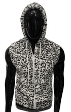Load image into Gallery viewer, Mannequin wearing a fuzzy white leopard print sleeveless zip-up hoodie with the hood on
