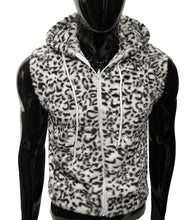 Load image into Gallery viewer, Mannequin wearing a fuzzy white leopard print sleeveless zip-up hoodie with the hood down