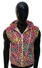 Load image into Gallery viewer, Mannequin wearing a colorful fuzzy leopard print sleeveless hoodie with the hood off