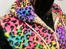 Load image into Gallery viewer, Close up view of the zipper on a colorful fuzzy leopard print sleeveless hoodie