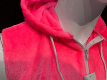 Load image into Gallery viewer, Close up view of zipper on pink faux fur sleeveless hoodie