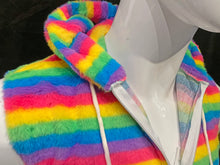 Load image into Gallery viewer, Close up view of the zipper on a pastel rainbow striped faux fur sleeveless hoodie