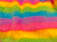 Load image into Gallery viewer, Close up view of pastel rainbow striped faux fur fabric