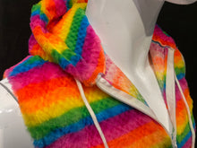 Load image into Gallery viewer, Close up view of the zipper on a colorful, faux fur rainbow striped sleeveless hoodie