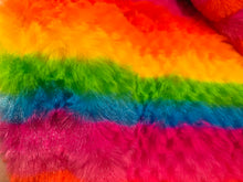 Load image into Gallery viewer, Close up view of a colorful, faux fur rainbow striped fabric
