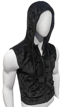 Load image into Gallery viewer, Off angle view of mannequin wearing a black sleeveless faux fur hoodie with the hood on