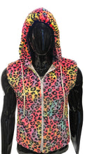 Load image into Gallery viewer, Mannequin wearing a colorful fuzzy leopard print sleeveless hoodie