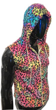 Load image into Gallery viewer, Off angle view of mannequin wearing a colorful fuzzy leopard print sleeveless hoodie
